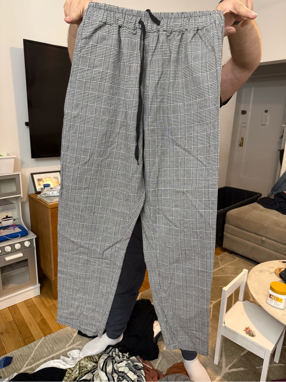 Womens Gray Plaid Drawstring Pants